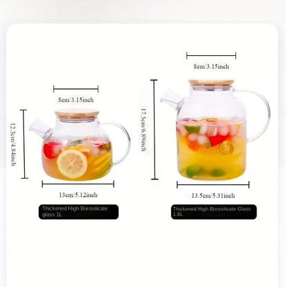 Spacious 1L Glass Teapot made of Borosilicate with Bamboo Lid and Stainless Steel - Resistant to Heat, Great for Flower Tea, Fruit Infusions & Cold Drinks