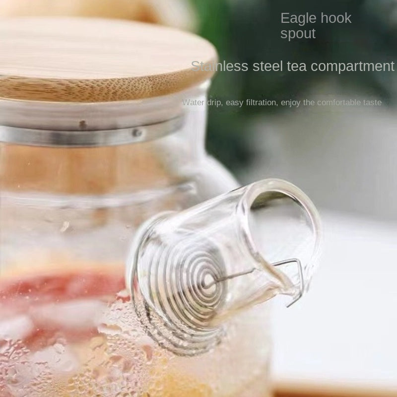 Spacious 1L Glass Teapot made of Borosilicate with Bamboo Lid and Stainless Steel - Resistant to Heat, Great for Flower Tea, Fruit Infusions & Cold Drinks