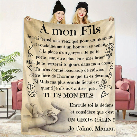 Unique Gift Idea: Special Occasion Themed Vintage All-Season Flannel Throw Blanket with French Lettering for Son. Made of Soft and Comfortable 100% Polyester Knitted Digital Print, Perfect for Cozy Bedspreads.