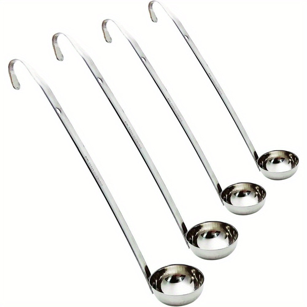 Set of four stainless steel soup ladles, varying in sizes of 1oz, 2oz, 3oz, and 4oz, complete with a pouring rim and sturdy metal handle. The perfect kitchen cooking utensils for serving sauces and soups.