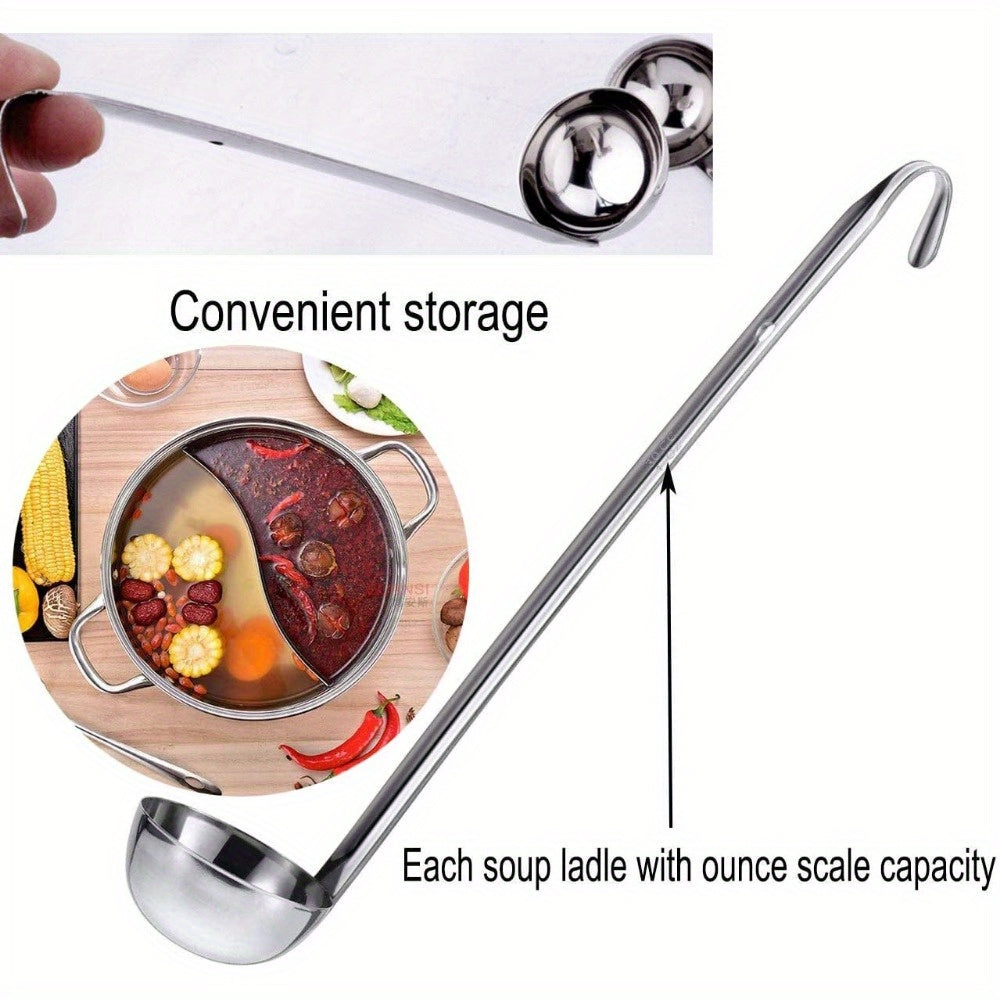 Set of four stainless steel soup ladles, varying in sizes of 1oz, 2oz, 3oz, and 4oz, complete with a pouring rim and sturdy metal handle. The perfect kitchen cooking utensils for serving sauces and soups.