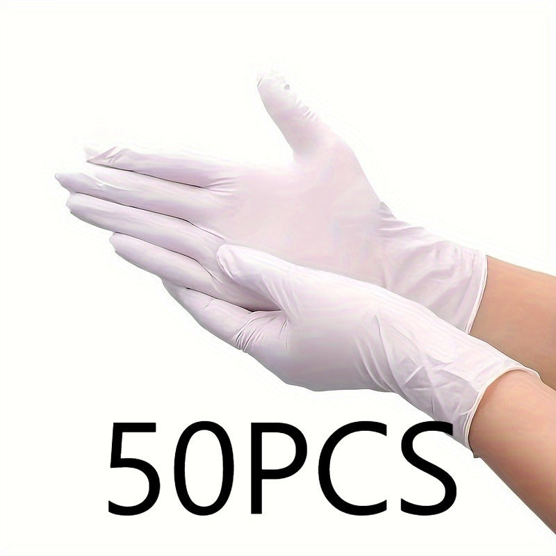 High quality household white gloves, suitable for food processing, hairdressing, beauty, home cleaning tools, and disposable apparel. Available in packs of 50 or 100 pieces. Made from durable nitrile material.