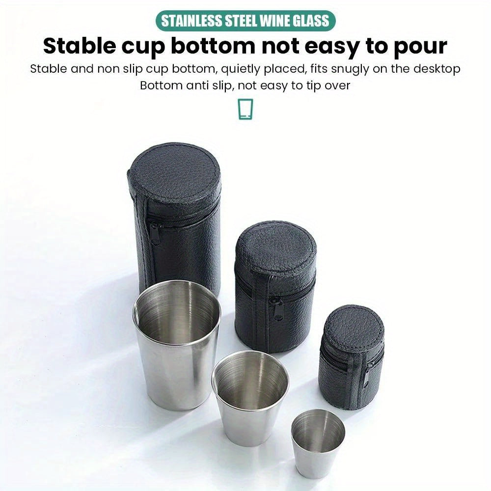 Set of 4 stainless steel shot glasses with carrying case. Includes 30ml, 70ml, and 170ml glasses for outdoor camping.