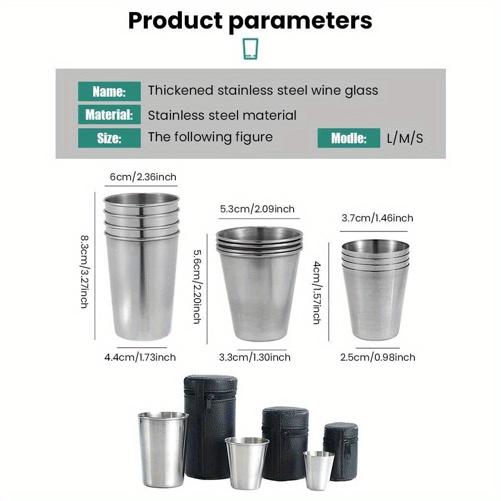 Set of 4 stainless steel shot glasses with carrying case. Includes 30ml, 70ml, and 170ml glasses for outdoor camping.