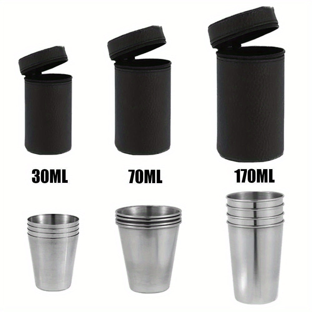 Set of 4 stainless steel shot glasses with carrying case. Includes 30ml, 70ml, and 170ml glasses for outdoor camping.