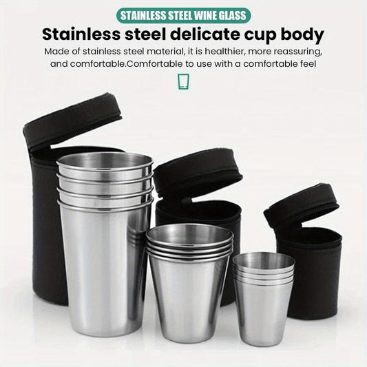 Set of 4 stainless steel shot glasses with carrying case. Includes 30ml, 70ml, and 170ml glasses for outdoor camping.