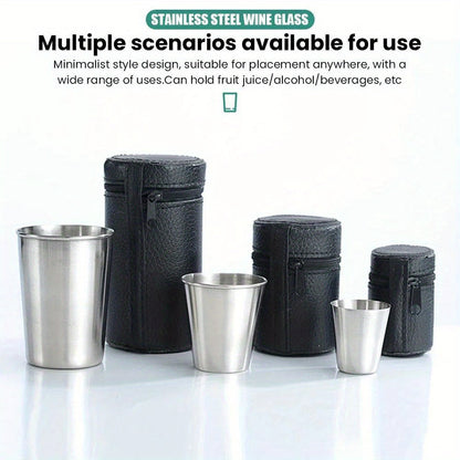 Set of 4 stainless steel shot glasses with carrying case. Includes 30ml, 70ml, and 170ml glasses for outdoor camping.