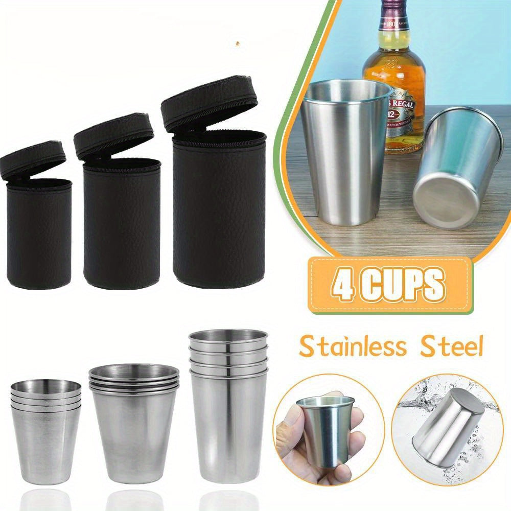 Set of 4 stainless steel shot glasses with carrying case. Includes 30ml, 70ml, and 170ml glasses for outdoor camping.