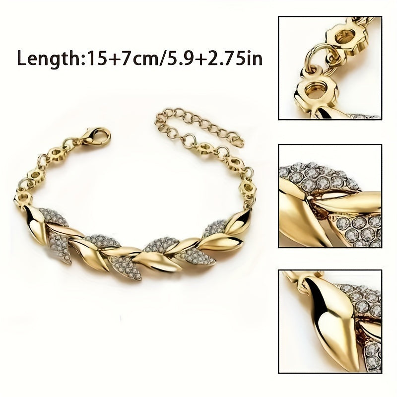 Elegant leaf-shaped rhinestone bracelet set with sparkling mosaic design. Made of golden-tone alloy with secure clasp. Suitable for daily wear and gifting.