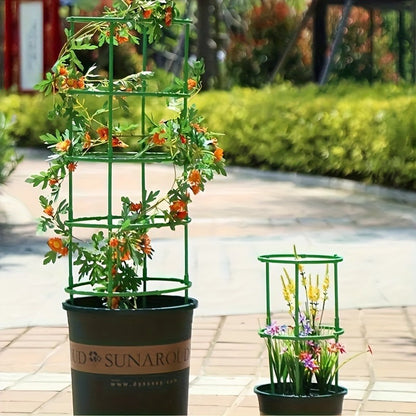 60 green plastic flower pot stakes with 10-layer stackable plant support rings for potted plants. Includes flower support hooks and hangers for outdoor gardening.