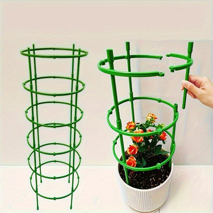 60 green plastic flower pot stakes with 10-layer stackable plant support rings for potted plants. Includes flower support hooks and hangers for outdoor gardening.