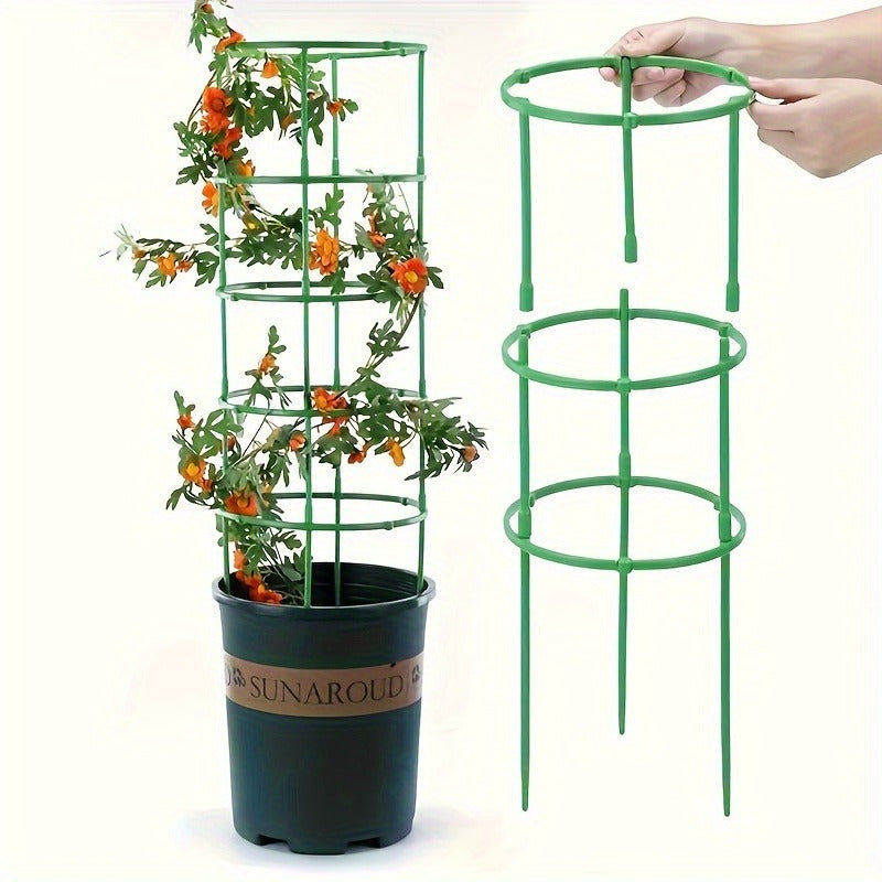 60 green plastic flower pot stakes with 10-layer stackable plant support rings for potted plants. Includes flower support hooks and hangers for outdoor gardening.