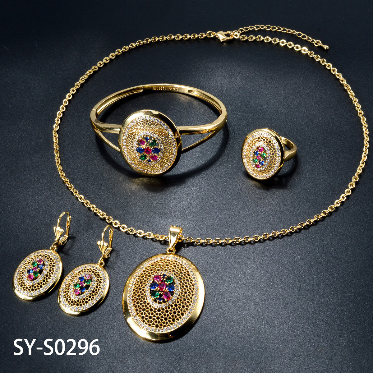 Diana's exquisite copper jewelry set featuring synthetic zirconia - a timeless Valentine's Day gift for her that is also ideal for weddings and parties. This luxurious ensemble includes a dazzling multicolor zirconia necklace, earrings, ring, and