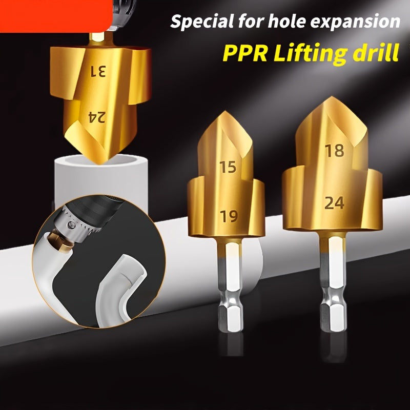 High-Speed Steel PPR Pipe Extension Drill Bit Set with Hex Shank, 4/6mm - Includes 20/25/32 Step Drills for Water Pipe Installation.