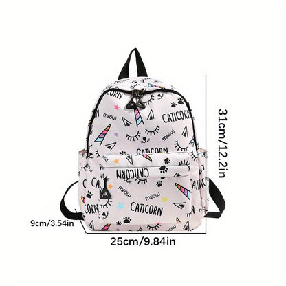 Women's school backpack with cartoon unicorns print, adjustable zipper, and high capacity.