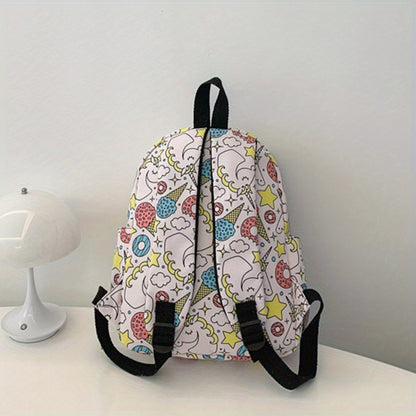 Women's school backpack with cartoon unicorns print, adjustable zipper, and high capacity.