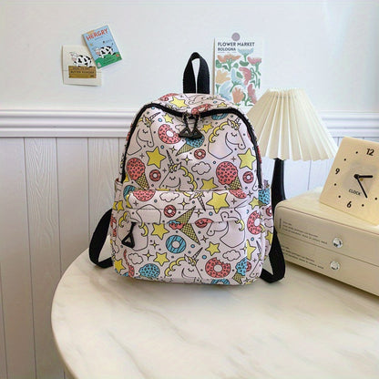 Women's school backpack with cartoon unicorns print, adjustable zipper, and high capacity.