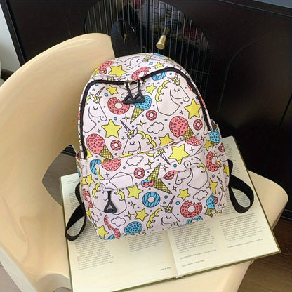 Women's school backpack with cartoon unicorns print, adjustable zipper, and high capacity.