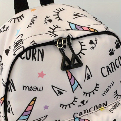 Women's school backpack with cartoon unicorns print, adjustable zipper, and high capacity.