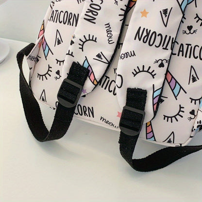 Women's school backpack with cartoon unicorns print, adjustable zipper, and high capacity.