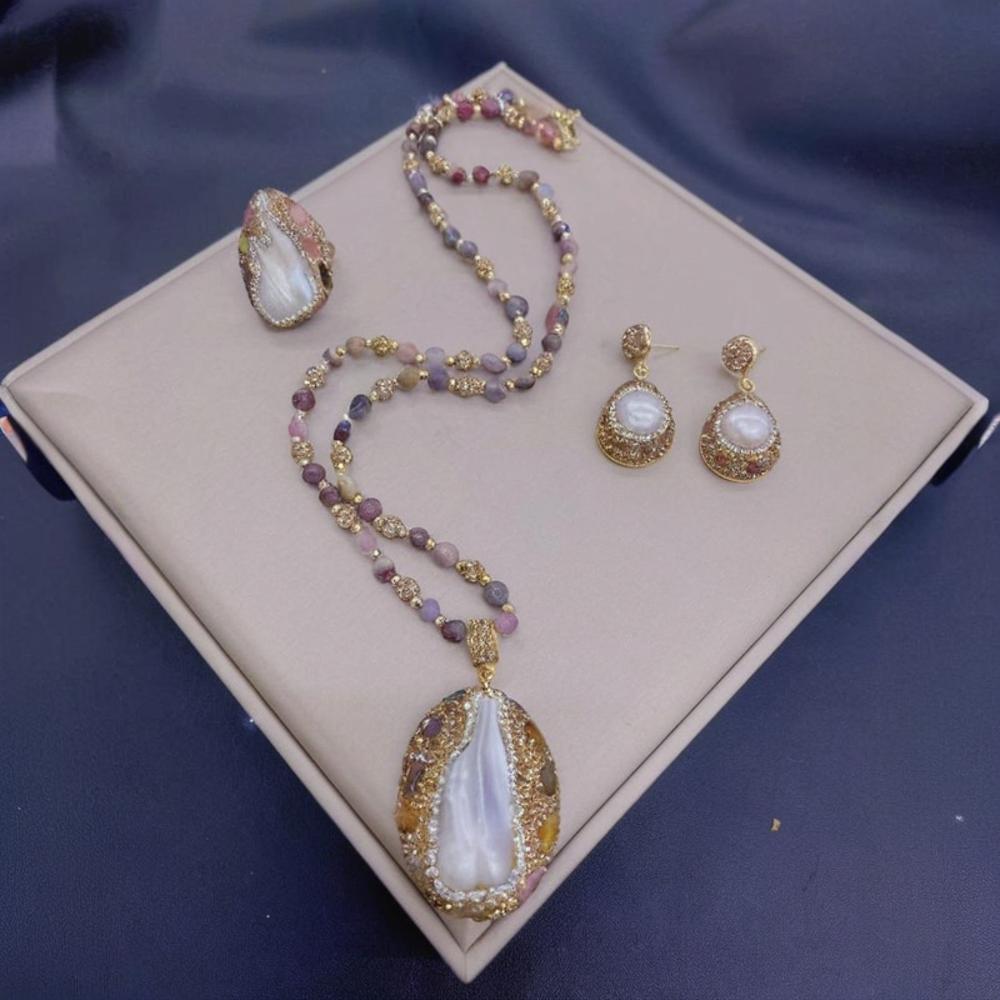 Elegant Baroque-Inspired Jewelry Set with High-Quality Czech Rhinestones, Including Necklace, Ring, Earrings, and Sweater Chain Pendant