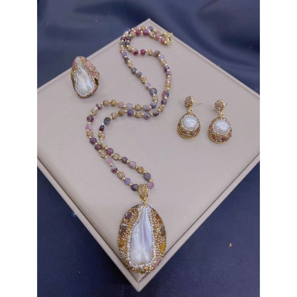 Elegant Baroque-Inspired Jewelry Set with High-Quality Czech Rhinestones, Including Necklace, Ring, Earrings, and Sweater Chain Pendant