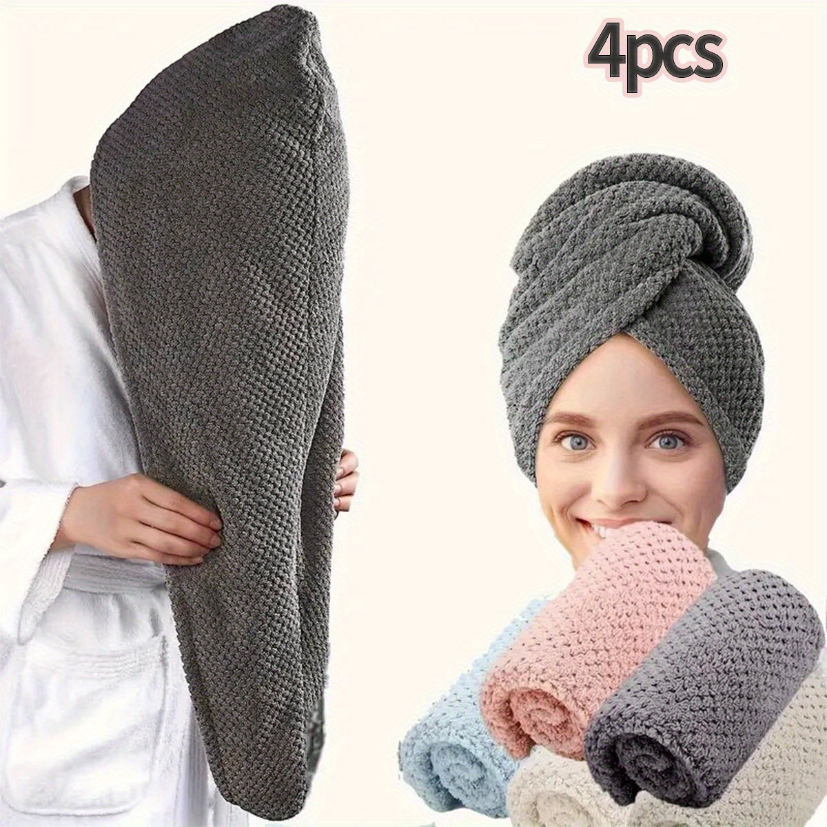 1/4 Superfine Fiber Hair Towels, 300Gsm Soft Drying Cap in Solid Colors. Super absorbent, anti-frizz wrap for curly or wet hair. Bathroom supplies.