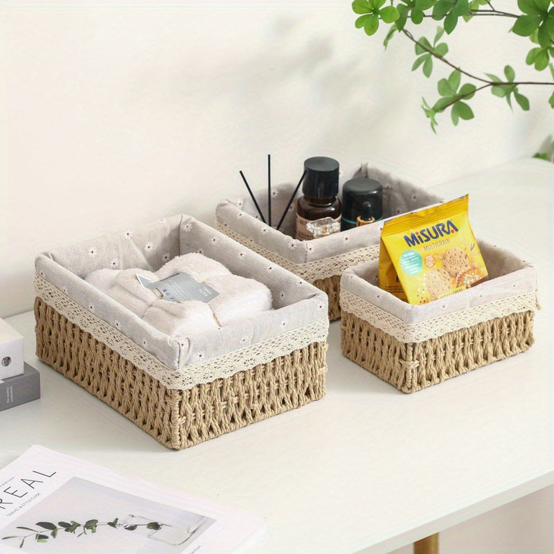 1 Set Traditional Rattan Storage Baskets with Lace Accents for Various Uses