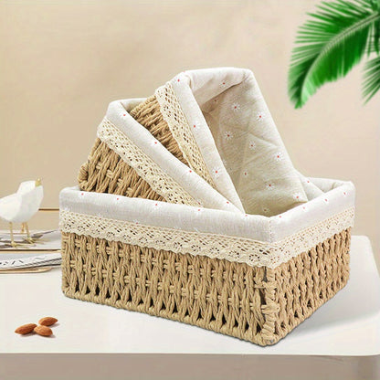 1 Set Traditional Rattan Storage Baskets with Lace Accents for Various Uses