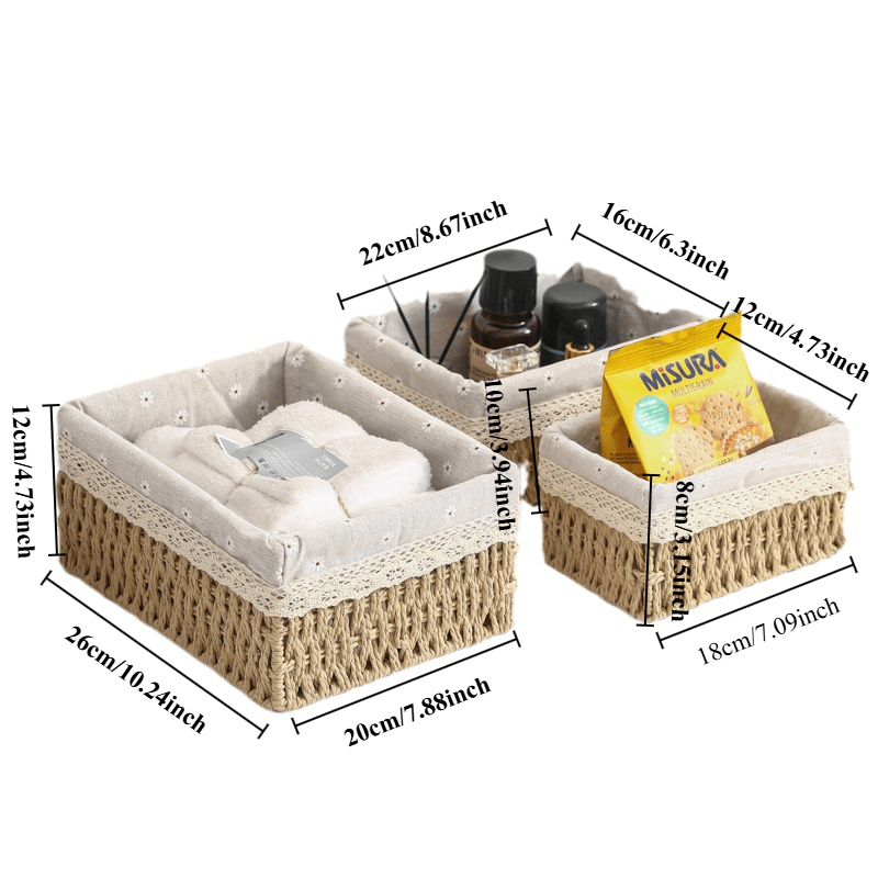 1 Set Traditional Rattan Storage Baskets with Lace Accents for Various Uses