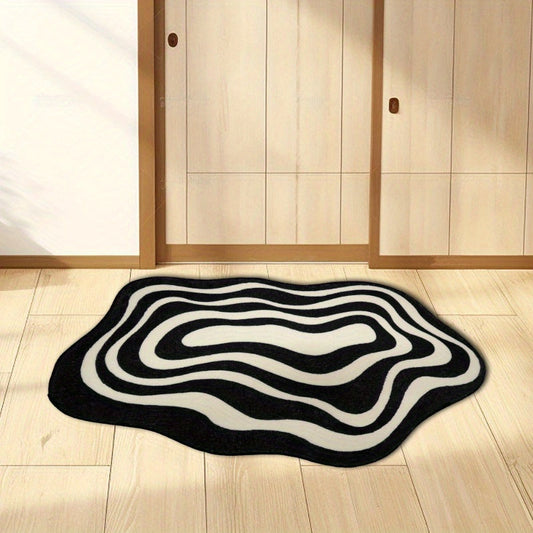 Hand Wash Only Soft Velvet Area Rug with Unique Dot Design in Black & White - 1pc, featuring a Minimalist Stripe for Living Room and Bedroom Decor. Made of Comfortable Polyester, this Floor Mat is the perfect addition to your home.