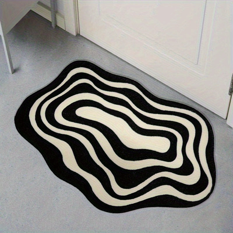 Hand Wash Only Soft Velvet Area Rug with Unique Dot Design in Black & White - 1pc, featuring a Minimalist Stripe for Living Room and Bedroom Decor. Made of Comfortable Polyester, this Floor Mat is the perfect addition to your home.