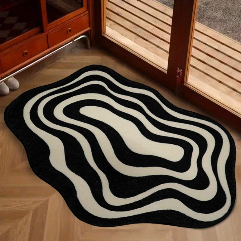 Hand Wash Only Soft Velvet Area Rug with Unique Dot Design in Black & White - 1pc, featuring a Minimalist Stripe for Living Room and Bedroom Decor. Made of Comfortable Polyester, this Floor Mat is the perfect addition to your home.