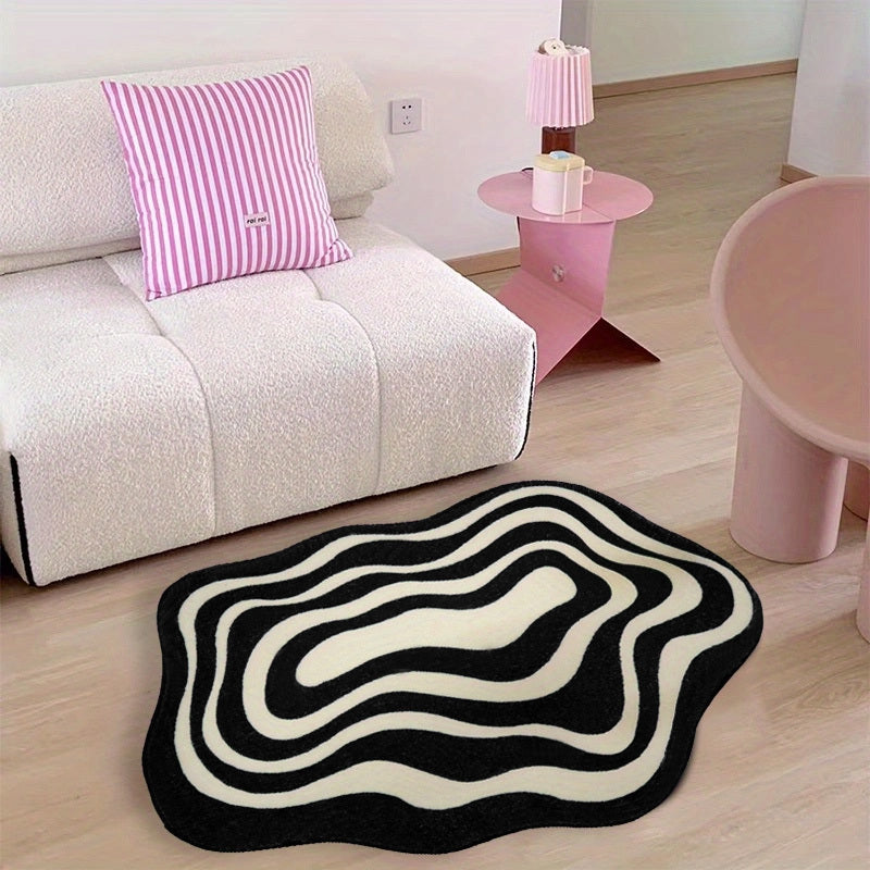 Hand Wash Only Soft Velvet Area Rug with Unique Dot Design in Black & White - 1pc, featuring a Minimalist Stripe for Living Room and Bedroom Decor. Made of Comfortable Polyester, this Floor Mat is the perfect addition to your home.