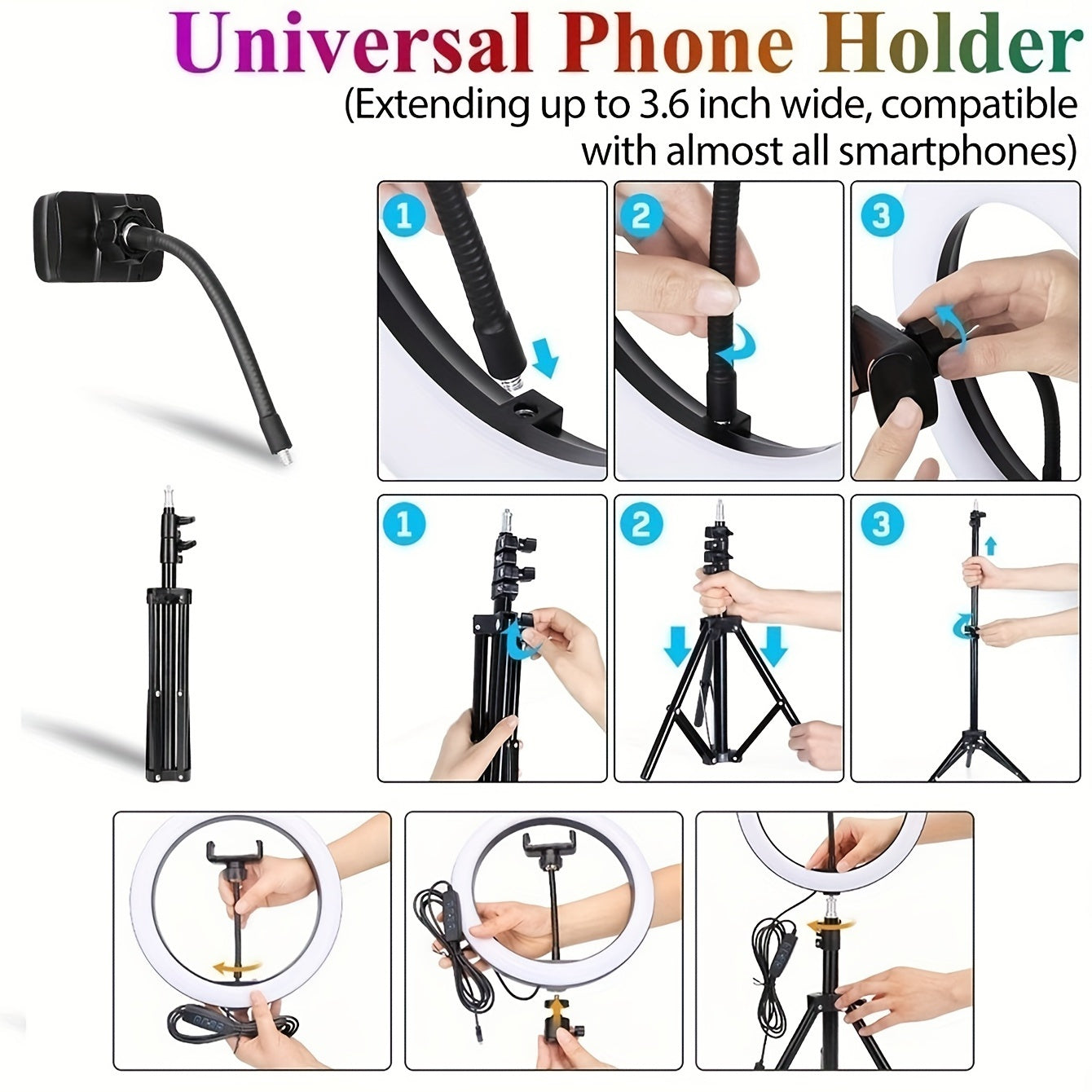 USB-powered selfie ring with adjustable tripod stand, phone holder, and LED circle for photography, video recording, and live streaming.