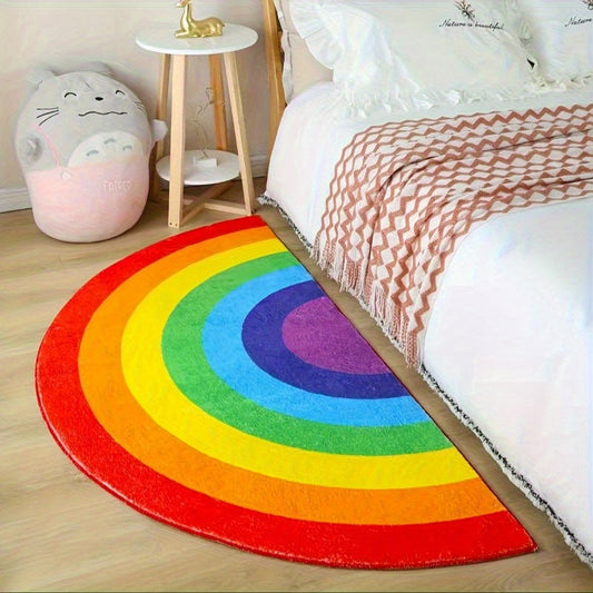 Elegant Black Velvet Rainbow Area Rug - Plush, Non-Slip, and Machine-Washable, Ideal for Enhancing Bedroom and Living Room Decor, Features a Bright Multicolor Design, Made of 100% Polyester, Perfect for Bedroom Flooring