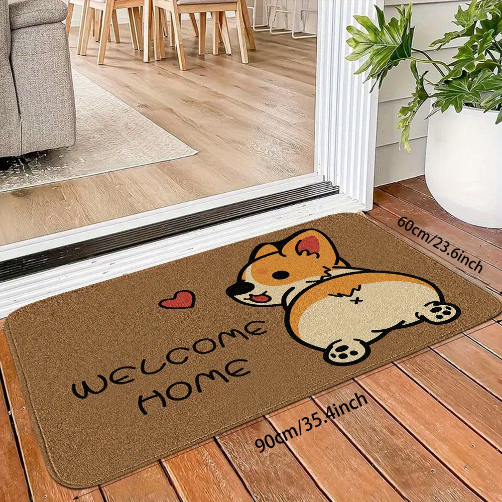 Cartoon Corgi Welcome Mat - Dust-Proof, Machine Washable, Multi-Functional Small Rug for Home Decor. Soft Non-Slip Bathroom and Pet Pad.