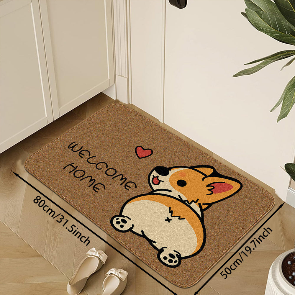 Cartoon Corgi Welcome Mat - Dust-Proof, Machine Washable, Multi-Functional Small Rug for Home Decor. Soft Non-Slip Bathroom and Pet Pad.