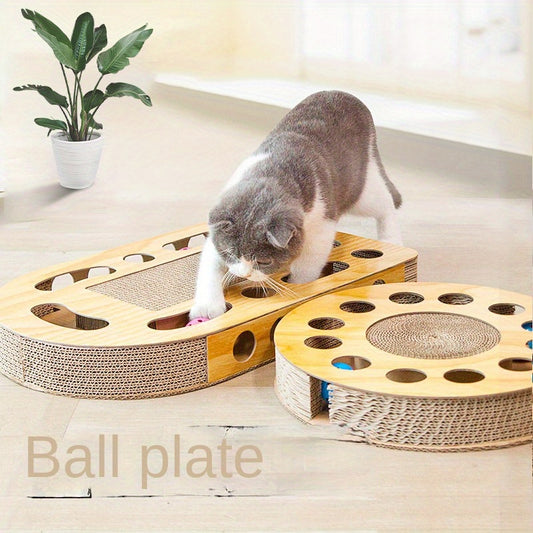 Interactive cat scratcher toy with ball track made of durable corrugated cardboard, featuring multi-level platforms for play and relaxation, suitable for all cats.