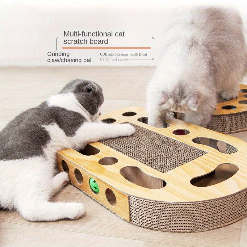 Interactive cat scratcher toy with ball track made of durable corrugated cardboard, featuring multi-level platforms for play and relaxation, suitable for all cats.