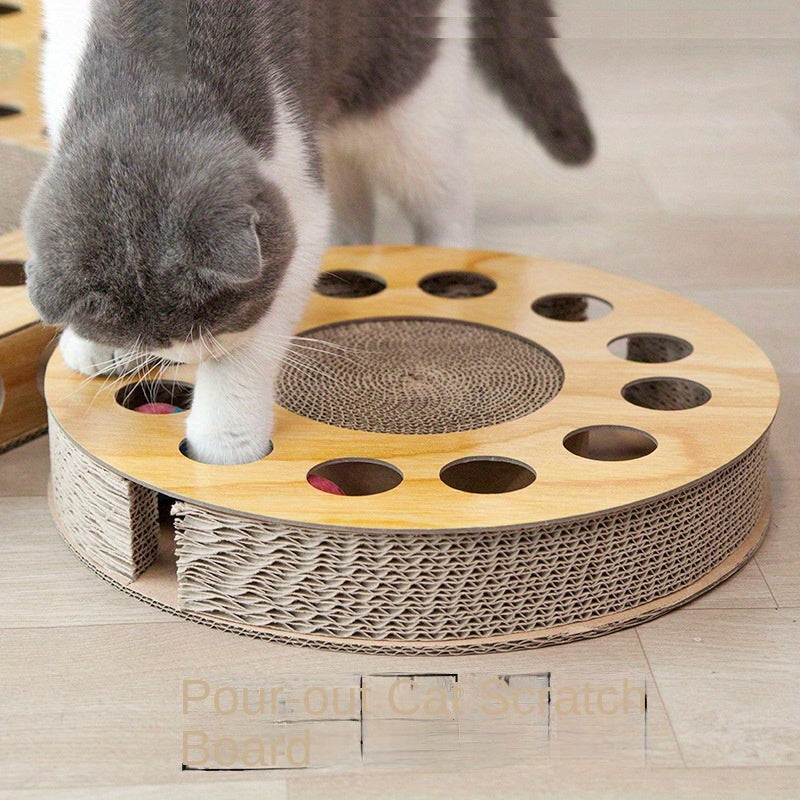 Interactive cat scratcher toy with ball track made of durable corrugated cardboard, featuring multi-level platforms for play and relaxation, suitable for all cats.