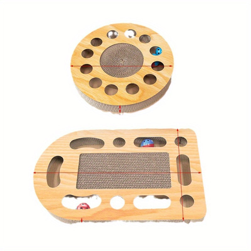 Interactive cat scratcher toy with ball track made of durable corrugated cardboard, featuring multi-level platforms for play and relaxation, suitable for all cats.