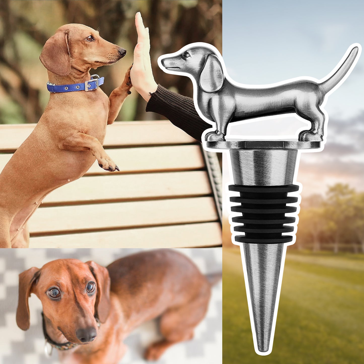 Dachshund-shaped red wine stopper, ideal for birthdays, holidays, and parties.