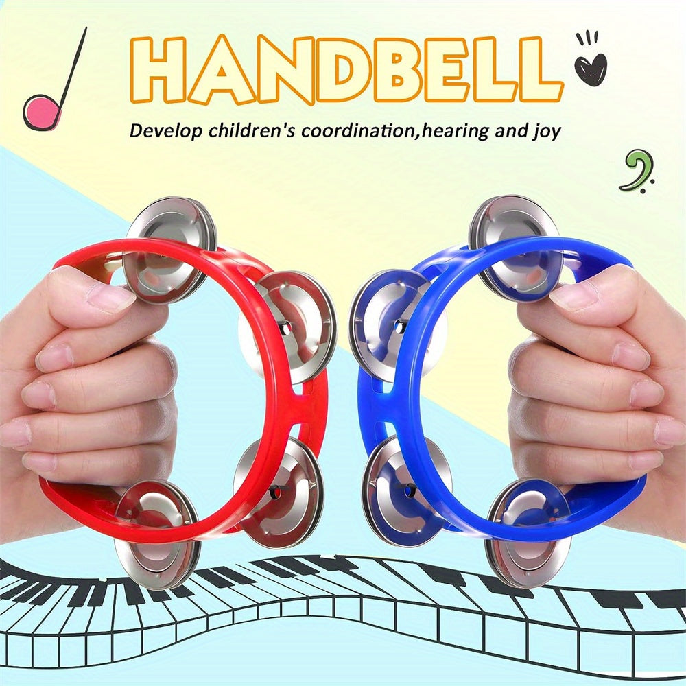 Durable ABS plastic tambourine with 4 bells, waterproof, easy to clean - Ideal for music education, parties & concerts. Available in multiple colors.