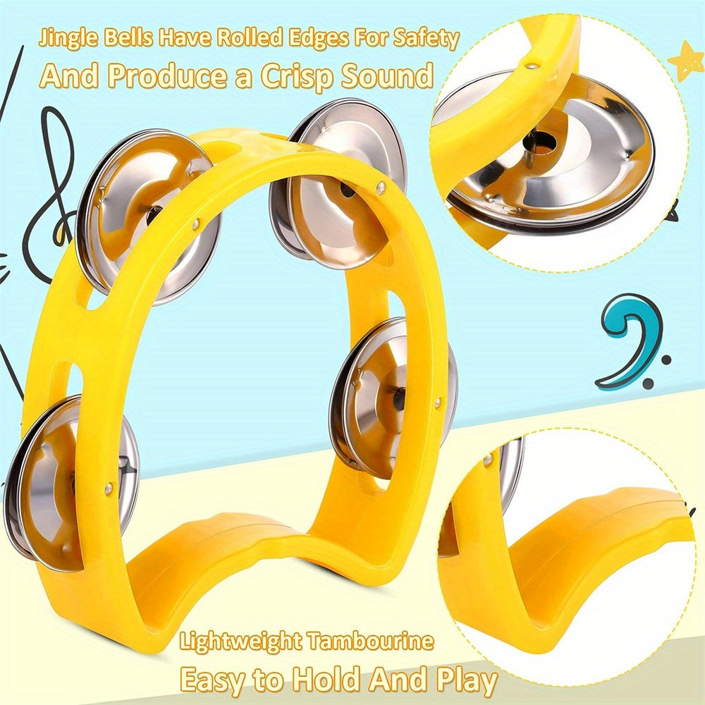 Durable ABS plastic tambourine with 4 bells, waterproof, easy to clean - Ideal for music education, parties & concerts. Available in multiple colors.