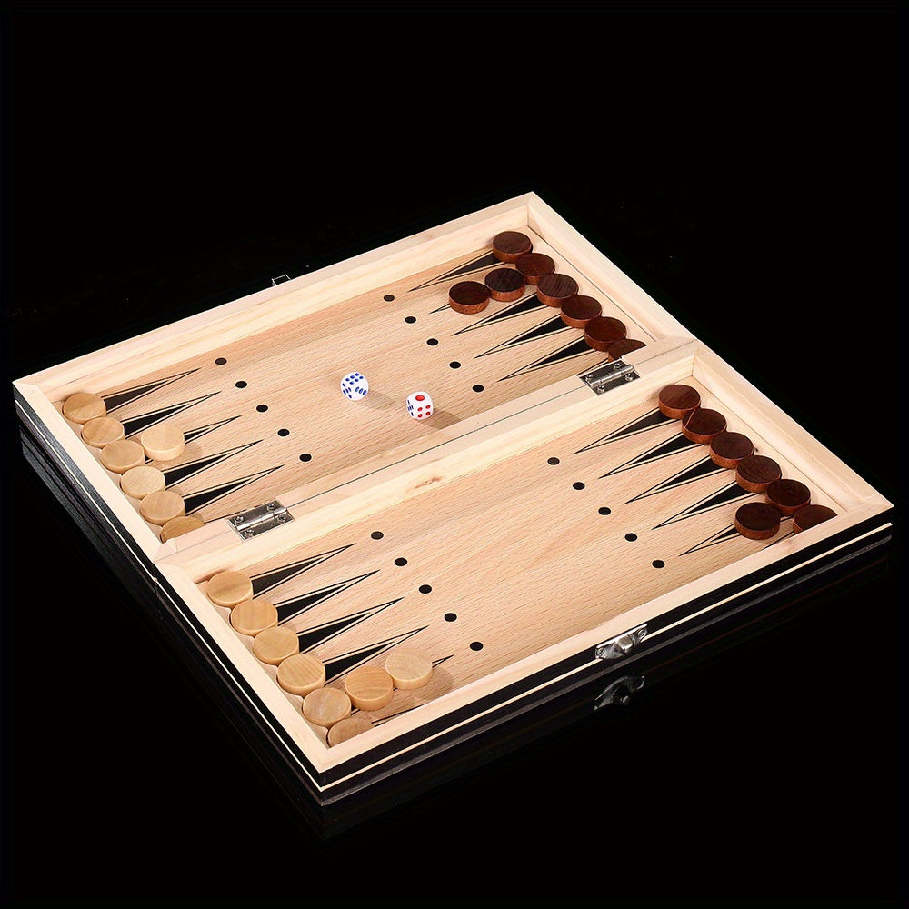 Wooden 3-in-1 board game set with chess, checkers, and backgammon. Foldable, portable, and velvety interior for slip-resistance. Durable wood fiber construction. Suitable for teens and