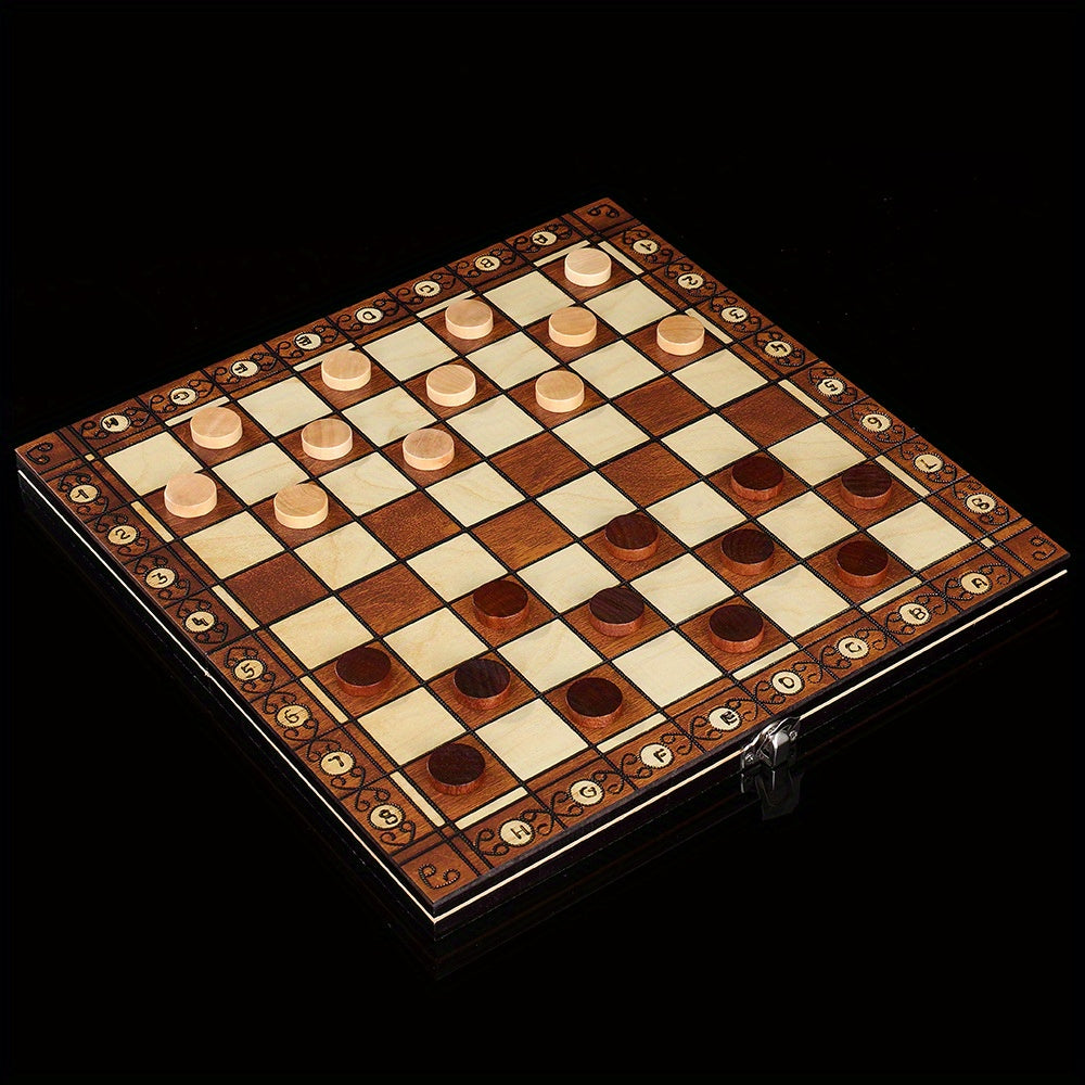 Wooden 3-in-1 board game set with chess, checkers, and backgammon. Foldable, portable, and velvety interior for slip-resistance. Durable wood fiber construction. Suitable for teens and