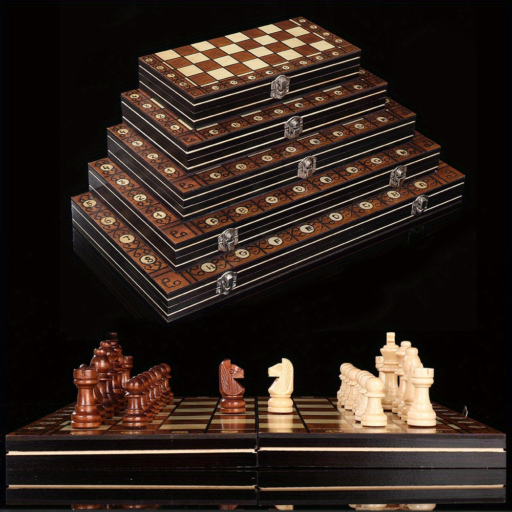 Wooden 3-in-1 board game set with chess, checkers, and backgammon. Foldable, portable, and velvety interior for slip-resistance. Durable wood fiber construction. Suitable for teens and