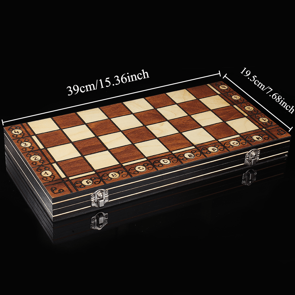 Wooden 3-in-1 board game set with chess, checkers, and backgammon. Foldable, portable, and velvety interior for slip-resistance. Durable wood fiber construction. Suitable for teens and