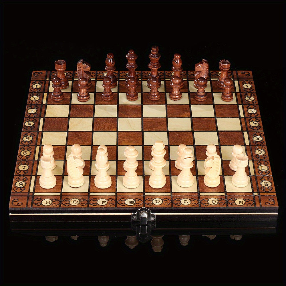 Wooden 3-in-1 board game set with chess, checkers, and backgammon. Foldable, portable, and velvety interior for slip-resistance. Durable wood fiber construction. Suitable for teens and